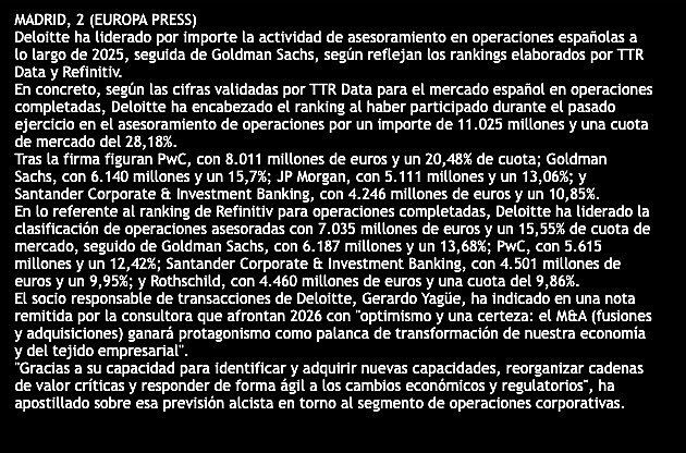 Deloitte lidera el asesoramiento por importe de operaciones espa�olas en 2025, seg�n TTR Data y Refinitiv